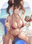  1girl bangs bare_shoulders bikini blush breasts brown_hair cleavage collarbone double_bun earrings food fruit highres ice_cream idolmaster idolmaster_shiny_colors jewelry large_breasts looking_at_viewer mouth_hold navel ocean red_bikini red_eyes short_twintails sola_(solo0730) solo sonoda_chiyoko spoon strawberry swimsuit thighs twintails wet 