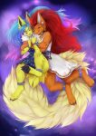  2021 4_toes 5_fingers anthro blue_hair breasts clothed clothing digital_media_(artwork) duo feet female female/female fingers fur hair hi_res hug lycangel orange_body orange_fur red_hair smile toes yellow_body yellow_fur 