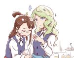  2girls blonde_hair blue_eyes brown_hair cake closed_eyes diana_cavendish disappointed duplicate food food_on_head fruit green_hair kagari_atsuko little_witch_academia multicolored_hair multiple_girls object_on_head strawberry tonton_(mathcaca24) two-tone_hair 