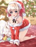  1girl all_fours bare_shoulders barefoot black_ribbon blonde_hair blue_eyes blurry blurry_background blush bow breasts christmas christmas_dress christmas_tree cleavage commentary depth_of_field dress eyebrows_visible_through_hair fireplace fur_collar gift hair_bow hat highres ilfriede_von_feulner indoors kuroi_mimei long_hair long_sleeves looking_at_viewer medium_hair muvluv muvluv_alternative neck_ribbon off-shoulder_dress off_shoulder open_mouth ponytail red_headwear ribbon sack santa_costume santa_hat short_dress sidelocks smile solo 