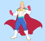  1boy absurdres bara biceps blonde_hair blue_eyes bodysuit boku_no_hero_academia bulge cape covered_abs feraltintinsimp full_body highres legs_apart looking_at_viewer male_focus muscular muscular_male pectorals red_cape short_hair simple_background smile solo spiked_hair thick_thighs thighs togata_mirio white_bodysuit 