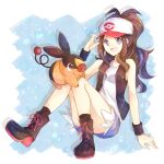  1girl :d antenna_hair baseball_cap black_wristband boots brown_hair commentary_request eyelashes gen_5_pokemon grey_shirt hand_on_headwear hand_up hat highres hilda_(pokemon) looking_at_viewer open_mouth pokemon pokemon_(creature) pokemon_(game) pokemon_bw shirt shorts smile socks starter_pokemon tepig tongue vest wristband yomogi_(black-elf) 