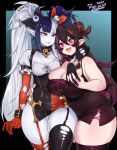  2021 agawa_ryou bare_shoulders belly black_hair blue_eyes breasts character_request cleavage commentary draculita fangs indie_virtual_youtuber large_breasts long_hair multicolored_hair pale_skin plump pointy_ears signature smile thick_thighs thighs white_hair wide_hips 