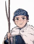  1boy ainu_clothes alternate_costume asirpa asirpa_(cosplay) blush brown_eyes brown_hair cosplay golden_kamuy headband highres kotta_(pesan102) long_sleeves male_focus nose_blush scar scar_on_cheek scar_on_face scar_on_mouth scar_on_nose short_hair simple_background solo spiked_hair stick sugimoto_saichi upper_body white_background wood younger 