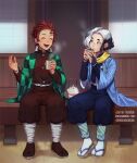  2boys :d belt black_hair blue_pants bright_pupils brown_legwear brown_pants character_request closed_eyes closed_mouth commentary commission cup english_commentary hand_up haori holding holding_cup japanese_clothes kamado_tanjirou kimetsu_no_yaiba lavelis multicolored_hair multiple_boys open_mouth pants puffy_pants red_hair sandals scarf smile tabi teapot two-tone_hair white_hair white_legwear white_pupils yellow_scarf 