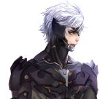  1boy armor cyborg eyepatch looking_at_viewer looking_to_the_side male_focus mechanical_parts metal_gear_(series) metal_gear_rising:_revengeance raiden red_eyes short_hair simple_background solo starsniper upper_body white_background white_hair 