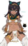  1girl animal_ears bangs bare_shoulders bell bell_choker black_hair blue_eyes bracelet cat_ears choker dark_skin dark_skinned_female egyptian_clothes eyebrows_visible_through_hair flat_chest hairband highres jewelry long_hair looking_at_viewer navel open_mouth original shisoneri simple_background sitting solo white_background 