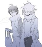  2boys absurdres bag breath casual coat commentary_request cowboy_shot danganronpa_(series) danganronpa_2:_goodbye_despair denim hand_in_pocket highres hinata_hajime holding holding_bag jacket jeans komaeda_nagito long_sleeves lower_teeth male_focus messy_hair monochrome multiple_boys open_clothes open_coat open_mouth pants scarf shirt short_hair ziling 