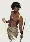  1boy abs arknights bangs black_hair commentary cowboy_shot gloves grey_background grey_gloves highres holding huanxiang_heitu jewelry looking_at_viewer male_focus necklace orange_eyes shirtless simple_background standing thorns_(arknights) 