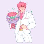  1boy alternate_costume bara blush bouquet character_request cropped_legs feraltintinsimp flower formal freckles green_eyes highres holding holding_bouquet looking_at_viewer male_focus milo_(pokemon) muscular muscular_male necktie pants pink_hair pink_shirt pokemon pokemon_(creature) pokemon_(game) pokemon_swsh shirt short_hair smile solo suit white_pants white_suit 