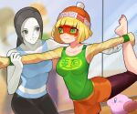  2girls arms_(game) barefoot beanie black_hair blush capri_pants colored_skin domino_mask eyebrows_visible_through_mask food grey_eyes hat highres katwo kirby kirby_(series) knit_hat mask min_min_(arms) multiple_girls noodles pants ponytail stretch super_smash_bros. tank_top white_skin wii_fit wii_fit_trainer 