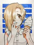  1girl blonde_hair brown_hair dated ear_piercing finger_in_mouth food food_on_face hair_over_one_eye holding holding_food ice_cream idolmaster idolmaster_cinderella_girls mutsuki_(t_mu-na) piercing shirasaka_koume shirt short_hair soft_serve solo upper_body white_shirt 