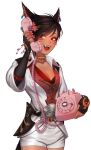  1girl :d animal_ears black_gloves breasts brown_hair cat_ears cat_tail cleavage commentary commission corded_phone cowboy_shot dark_skin dark_skinned_female earrings english_commentary fangs final_fantasy final_fantasy_xiv fingerless_gloves flower gloves hair_flower hair_ornament highres holding holding_phone jacket jewelry lavelis lipstick long_sleeves makeup medium_breasts miqo&#039;te open_clothes open_jacket open_mouth original phone pink_flower red_eyes red_lips red_lipstick short_hair shorts simple_background smile solo tail whisker_markings white_background white_jacket white_shorts 