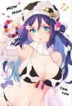  1girl animal_print aqua_eyes arm_up armpits bare_shoulders bead_bracelet beads bikini bracelet breasts cleavage cow_print detached_collar detached_sleeves goroo_(eneosu) highres jewelry large_breasts long_hair long_sleeves looking_at_viewer love_live! love_live!_sunshine!! matsuura_kanan navel open_mouth purple_hair skindentation standing stomach string_bikini swimsuit upper_body v-shaped_eyebrows white_bikini white_headwear 