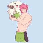  1boy abs bara bulge carrying_over_shoulder character_request cropped_legs feraltintinsimp freckles green_eyes green_shorts highres male_focus messy_hair milo_(pokemon) muscular muscular_male navel navel_hair nipples pectorals pink_hair pokemon pokemon_(game) pokemon_swsh shirtless short_hair shorts solo 
