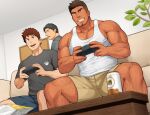  3boys arm_hair bara bare_arms bare_shoulders beard beige_shorts body_hair bulge controller dark_skin dark_skinned_male facial_hair game_controller highres joystick leg_hair male_focus multiple_boys muscular muscular_male original pectorals reward_available sakuramarusan short_hair size_difference smile tank_top thick_thighs thighs undercut white_tank_top 