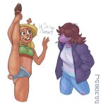  anthro antlers athletic athletic_anthro athletic_female blonde_hair bottomwear breasts brown_body brown_fur brown_hair buckteeth butt camel_toe clothed clothing crop_top deltarune denim denim_clothing dialogue duo female flexible freckles fully_clothed fur hair hair_over_eyes hi_res hooves horn hotpants jacket jeans midriff minishorts navel nervous noelle_holiday non-mammal_breasts obscured_eyes one_leg_up open_mouth open_smile pants purple_body purple_scales raised_leg scales shirt shorts showdownas skimpy smile splits spread_legs spreading standing stretching stuttering susie_(deltarune) teeth toothpick topwear torn_bottomwear torn_clothing torn_jeans torn_pants vertical_splits video_games 