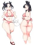  1girl ass asymmetrical_bangs bangs bikini black_hair blush breasts cleavage clenched_hands commentary earrings english_commentary eyelashes gen_8_pokemon green_eyes hair_ribbon hands_up jewelry kenron_toqueen knees marnie_(pokemon) morpeko morpeko_(hangry) multiple_views navel partially_colored pink_bikini pokemon pokemon_(creature) pokemon_(game) pokemon_swsh red_footwear red_ribbon ribbon sandals side-tie_bikini sweatdrop swimsuit toes wedgie 