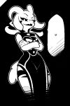  &lt;/3 2:3 anthro asriel_dreemurr_(god_form) biped black_and_white black_background black_sclera boss_monster bovid breasts caprine clothed clothing crossed_arms crossgender dress eyebrows eyelashes fangs female half-closed_eyes horn long_ears looking_at_viewer mammal monochrome mtf_crossgender narrowed_eyes open_mouth pashoo pupils simple_background slit_pupils smile smirk solo speech_bubble standing thick_thighs undertale video_games 