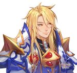  1boy aglovale_(granblue_fantasy) armor artist_name blonde_hair closed_mouth commentary commission english_commentary gorget granblue_fantasy hair_between_eyes highres lavelis long_hair male_focus messy_hair orange_eyes pauldrons shoulder_armor simple_background smile solo upper_body white_background 