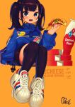  1girl absurdres adidas black_hair black_legwear black_shorts blue_eyes blue_jacket blush_stickers character_request domino&#039;s_pizza employee_uniform food full_body highres holding holding_food huge_filesize invisible_chair jacket long_hair looking_at_viewer moai_(more_e_4km) mole mole_under_eye open_mouth original over-kneehighs pizza shoes shorts sitting sneakers solo thighhighs twintails uniform upper_teeth white_footwear 