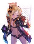  1girl abigail_williams_(fate/grand_order) abigail_williams_(swimsuit_foreigner)_(fate) akieda bandaid bandaid_on_forehead bangs bikini black_bikini black_bow black_jacket blonde_hair blue_eyes blush bow breasts chain-link_fence crossed_bandaids fate/grand_order fate_(series) fence forehead hair_bow hair_bun heroic_spirit_traveling_outfit high_collar highres jacket long_hair long_sleeves multiple_bows navel open_clothes open_jacket open_mouth orange_belt orange_bow parted_bangs sleeves_past_fingers sleeves_past_wrists small_breasts smile swimsuit thighs 