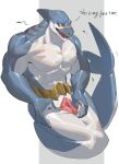  absurd_res anthro blush cxcxxcxxxx fin fish hi_res legless male marine muscular muscular_anthro muscular_male presenting_slit shark simple_background slit slit_play solo spread_slit spreading yellow_eyes 