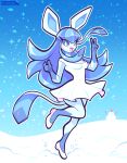 anthro blue_body breasts clothed clothing cute_face dress eeveelution female footwear gesture glaceon hair hi_res long_hair looking_at_viewer loulouvz mammal nintendo open_mouth pok&eacute;mon pok&eacute;mon_(species) pok&eacute;morph shoes simple_background smile snow snowman solo text v_sign video_games winter 