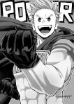  1boy :d bodysuit boku_no_hero_academia cape covered_abs english_text fighting_stance gloves greyscale male_focus monochrome muscular muscular_male open_mouth pectorals popo_take short_hair smile solo spiked_hair teeth togata_mirio tongue 