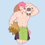  1boy abs armpit_hair bara bulge carrying_over_shoulder carrying_under_arm feraltintinsimp freckles green_eyes green_shorts hat highres looking_at_another male_focus milo_(pokemon) muscular muscular_male navel navel_hair nipples pectorals pink_hair pokemon pokemon_(game) pokemon_swsh shirtless short_hair shorts smile solo sun_hat 