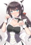  1girl :d animal_ears azur_lane bangs black_hair blush bow breasts buttons cat_ears cleavage collarbone commentary_request eyebrows_visible_through_hair eyes_visible_through_hair glasgow_(azur_lane) gradient gradient_background green_eyes hair_bow hair_ribbon highres kemonomimi_mode kyousaki_nao long_hair looking_at_viewer low_twintails maid maid_headdress open_mouth paw_pose ribbon sidelocks simple_background smile solo sweat twintails wrist_cuffs 