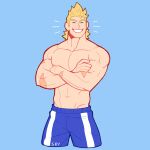 1boy abs alternate_costume bara blonde_hair blue_shorts boku_no_hero_academia bulge closed_eyes crossed_arms feraltintinsimp highres male_focus muscular muscular_male navel nipples pectorals scar_on_arm shirtless short_hair shorts smile solo spiked_hair togata_mirio 