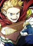 2boys blonde_hair blue_eyes bodysuit boku_no_hero_academia bright_pupils cape character_request close-up fighting_stance highres male_focus multiple_boys muscular muscular_male pectorals qina_(qinazuma_tno) red_cape short_hair smile spiked_hair togata_mirio white_bodysuit 