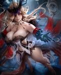  1girl bare_shoulders black_gloves blonde_hair breasts cape cleavage crown earrings flower fur_collar fur_trim genshin_impact gloves hair_ornament hair_over_one_eye high_heels highres jewelry large_breasts lera_pi long_hair looking_at_viewer navel parted_lips patreon_username purple_eyes red_cape revealing_clothes rose sideless_outfit signature signora smile solo standing strapless thighs unaligned_breasts watermark web_address white_flower white_rose 