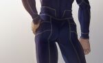  1boy arm_at_side ass ass_focus blue_bodysuit bodysuit close-up commentary_request contrapposto cu_chulainn_(fate)_(all) fate/stay_night fate_(series) from_behind gradient gradient_background hand_on_hip highres lancer long_sleeves mondi_hl solo white_background 