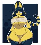  2021 alpha_channel animal_crossing ankha_(animal_crossing) annoyed anthro bandage big_breasts black_eyes black_nose blue_body blue_fur blue_hair breasts claws clothed clothing curvy_figure domestic_cat egyptian eyeshadow felid feline felis female fingers fur genitals hair hi_res huge_breasts looking_at_viewer looking_down makeup mammal mostly_nude multicolored_body multicolored_fur mummy_wrappings navel nintendo nsfwoaf outline pants_down partially_clothed pussy solo standing striped_tail stripes thick_thighs tight_clothing video_games voluptuous white_outline wide_hips yellow_body yellow_fur 