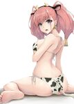  1girl animal_ears animal_print ass atlanta_(kantai_collection) barefoot bell bikini blue_eyes breasts brown_hair butt_crack commentary_request cow_ears cow_horns cow_print cow_tail ear_tag from_behind highres horns kantai_collection kodama_(mmt_uf) large_breasts long_hair open_mouth side-tie_bikini simple_background sitting solo swimsuit tail two_side_up wariza white_background white_bikini 
