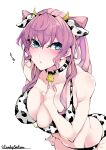 1girl absurdres animal_ears animal_print ass bangs bell bell_collar bikini blue_eyes blush breasts cleavage collar cow_ears cow_girl cow_horns cow_print cowbell eyebrows_visible_through_hair fake_animal_ears fake_horns funkysatou hand_on_own_chest highres horns large_breasts long_hair looking_at_viewer maria_cadenzavna_eve navel parted_lips pink_hair print_bikini senki_zesshou_symphogear side-tie_bikini solo swimsuit twintails twitter_username white_background 