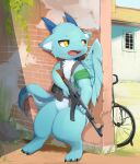  2019 4_fingers against_wall anthro assault_rifle bandanna bicycle blue_body blue_fur blue_horn brick_wall building day dragon fingers fur furred_dragon green_bandanna green_kerchief gun hi_res holding_object holding_rifle holding_weapon horn kerchief military open_mouth outside ranged_weapon rifle solo standing wall_(structure) weapon wings young yupa 