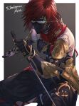  1girl commission fictional_persona final_fantasy final_fantasy_xiv glowing glowing_eyes green_eyes hyur ivris linmei_quan ninja ninja_(final_fantasy) ninja_mask red_hair solo sword weapon 