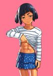  1girl abs alexia_harth_abs aqua_eyes bangs black_hair blue_skirt blunt_bangs cessa cowboy_shot long_sleeves looking_at_viewer original pink_background polka_dot_skirt shirt_lift short_hair simple_background skirt solo striped striped_skirt white_skirt 