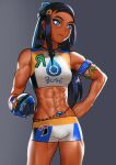  1girl abs armlet belly_chain biceps black_hair blue_eyeshadow blue_hair cessa cowboy_shot dark_skin dark_skinned_female dive_ball earrings eyeshadow grey_background hand_on_hip holding holding_poke_ball hoop_earrings jewelry long_hair makeup multicolored_hair navel nessa_(pokemon) poke_ball pokemon pokemon_(game) pokemon_swsh solo swimsuit tankini two-tone_hair 