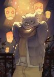  2021 9x8bit anthro bottomwear clothing detailed_background eyewear glasses hi_res kemono lantern male mammal night pants scarf solo sweater topwear ursid 