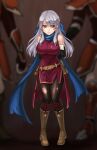  1girl 2others absurdres arm_behind_back armor bangle bare_shoulders bdsm belt black_gloves black_legwear blue_scarf blurry blurry_background bondage boots bound bracelet breasts bruise captured commission depth_of_field dress elbow_gloves eyebrows_visible_through_hair fire_emblem fire_emblem:_radiant_dawn gloves hair_ribbon half_updo hazuki_(nyorosuke) highres injury jewelry large_breasts leash long_hair micaiah_(fire_emblem) multiple_others out_of_frame pantyhose restrained ribbon rope scarf side_slit silver_hair skeb_commission sleeveless sleeveless_dress solo_focus sweatdrop torn_clothes torn_dress torn_legwear yellow_eyes 