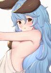  1girl animal_ears armpits bangs bare_shoulders blue_hair blush breasts brown_eyes commentary_request dress erune eyebrows_visible_through_hair ferry_(granblue_fantasy) from_side granblue_fantasy hair_between_eyes highres long_hair looking_at_viewer looking_to_the_side medium_breasts parted_lips sideboob simple_background sleeveless sleeveless_dress solo sweat uneg upper_body very_long_hair wavy_mouth white_background white_dress 