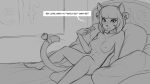  16:9 anthro bed bell bell_earrings bell_on_tail breasts chimiko dialogue domestic_cat ear_piercing english_text felid feline felis female furniture lying lying_on_bed mammal monochrome nude on_bed piercing pillow solo talking_to_viewer television text watsup widescreen 