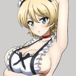  1girl apron arm_behind_head armpits bangs bare_shoulders blonde_hair blue_eyes blush braid breast_hold breasts bukkuri choker cleavage collarbone cropped darjeeling_(girls_und_panzer) eyebrows_visible_through_hair frilled_apron frills full_body girls_und_panzer grey_background hair_between_eyes large_breasts light_smile maid_headdress no_bra red_ribbon ribbon ribbon_choker sideboob tongue tongue_out white_apron 