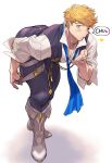  1boy ass bangs black_vest blonde_hair blown_kiss blush boots brown_footwear clothes_pull full_body granblue_fantasy green_eyes highres leaning_forward looking_at_viewer male_focus mm86262394 one_eye_closed partially_unbuttoned pectorals pulled_by_self short_hair solo toned toned_male vane_(granblue_fantasy) vest 