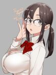  1girl 2021 agawa_ryou artist_name breasts brown_eyes brown_hair commentary glasses grey_background large_breasts looking_at_viewer open_clothes open_shirt original parted_lips signature simple_background solo 