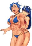  2girls abs absurdres bangs bikini blue_bikini blue_eyes blue_hair blush breast_grab breasts cessa cleavage cowboy_shot dreadwing genderswap genderswap_(mtf) grabbing highres jewelry long_hair multiple_girls muscular muscular_female necklace open_mouth optimus_prime parted_lips personification red_bikini red_eyes ring short_hair simple_background smile swimsuit transformers white_background yuri 